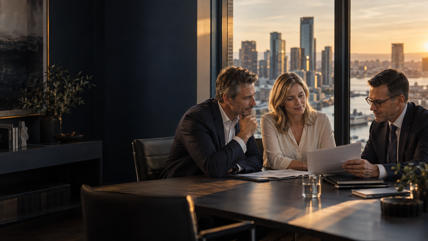 A couple meeting with a financial adviser to discuss international banking and investment planning